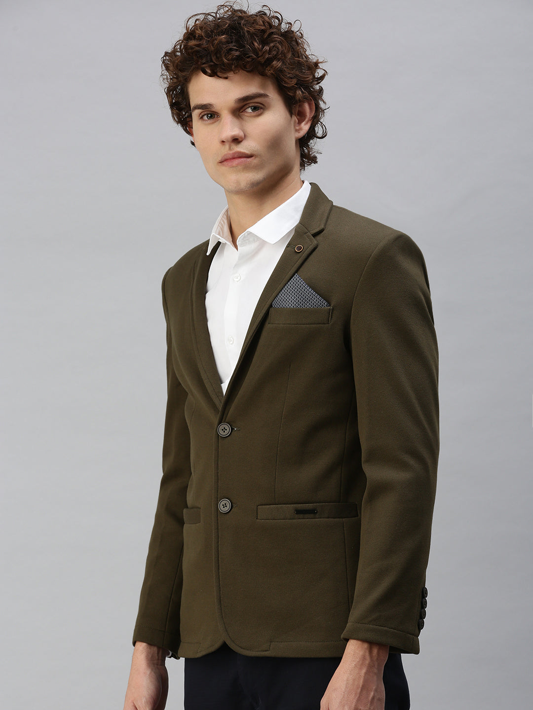 Men's Olive Solid Single-Breasted Slim-Fit Blazer