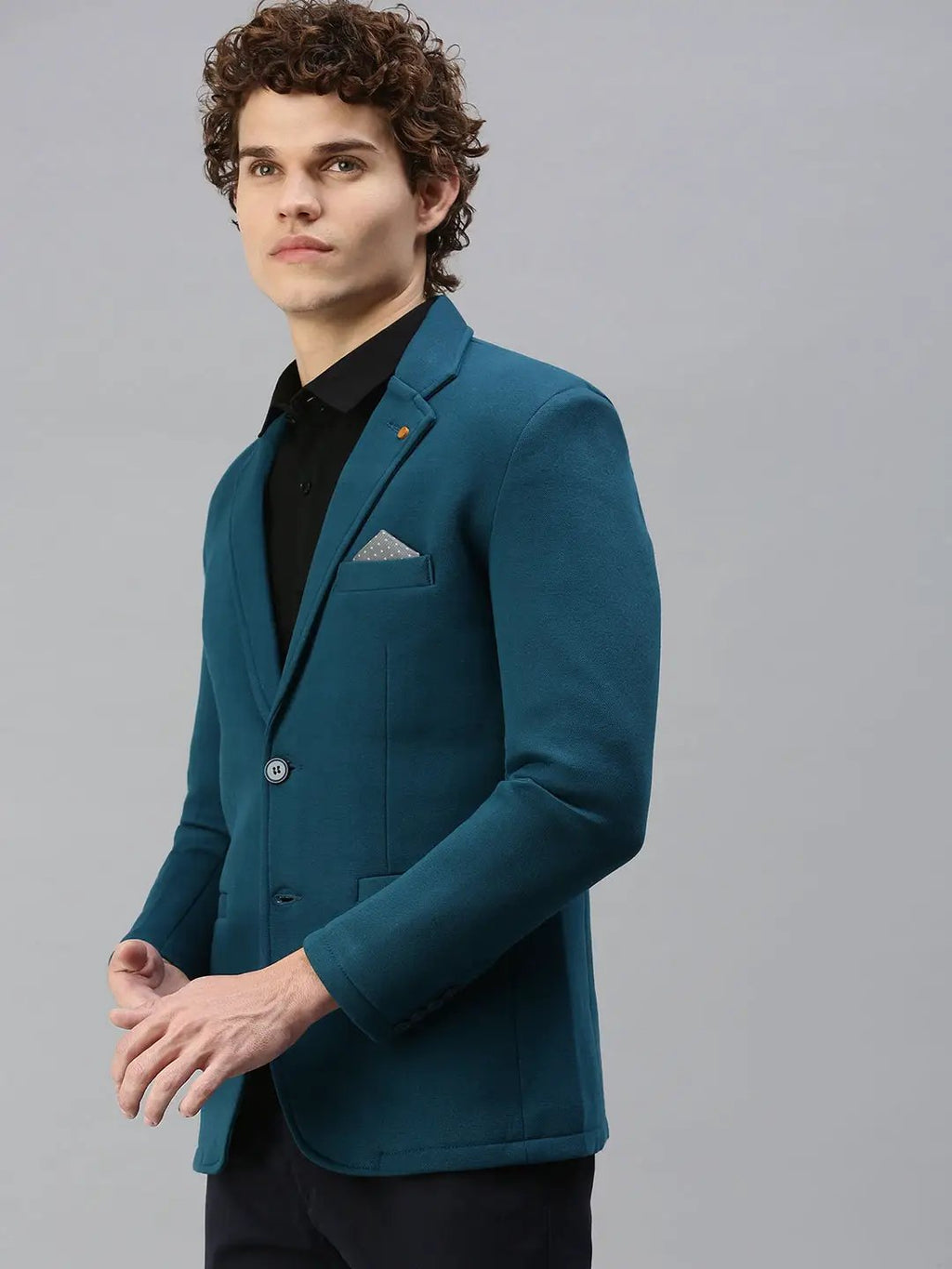 Men's Turquoise Blue Solid Single-Breasted Slim-Fit Blazer