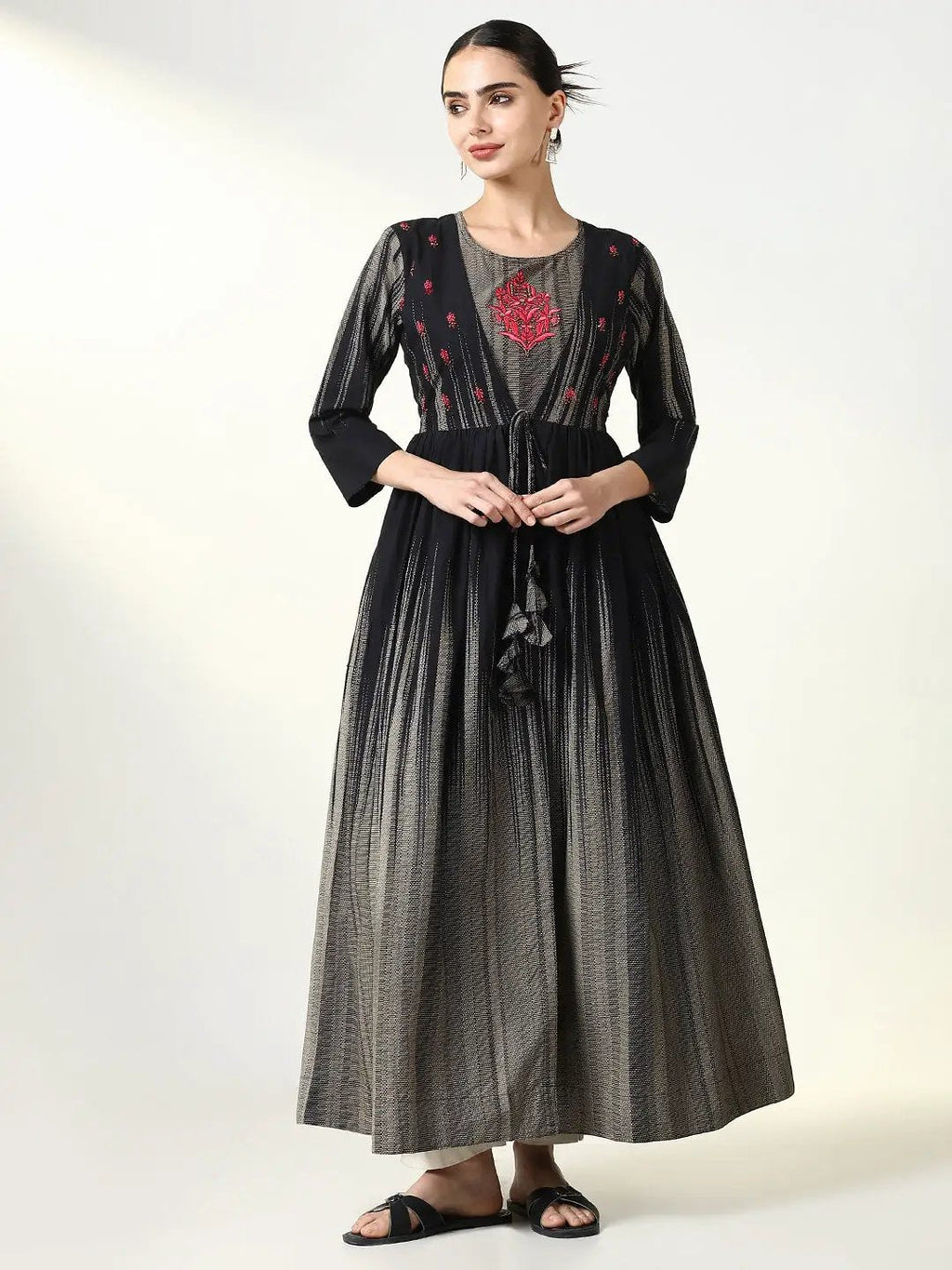 Women's Black Abstract A Line Kurta with Overcoat