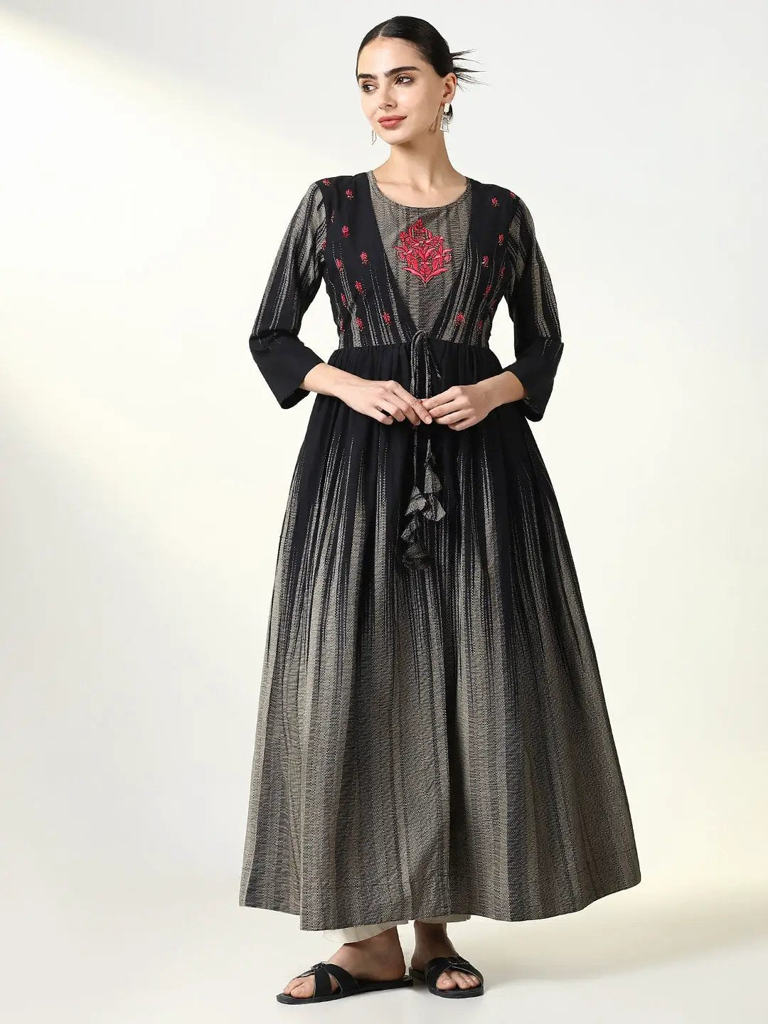 Women's Black Abstract A Line Kurta with Overcoat