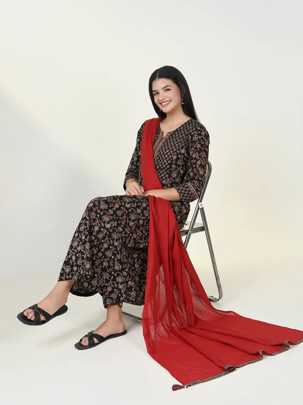 Women's Graphic Printed Black Anarkali Kurta Set with Dupatta