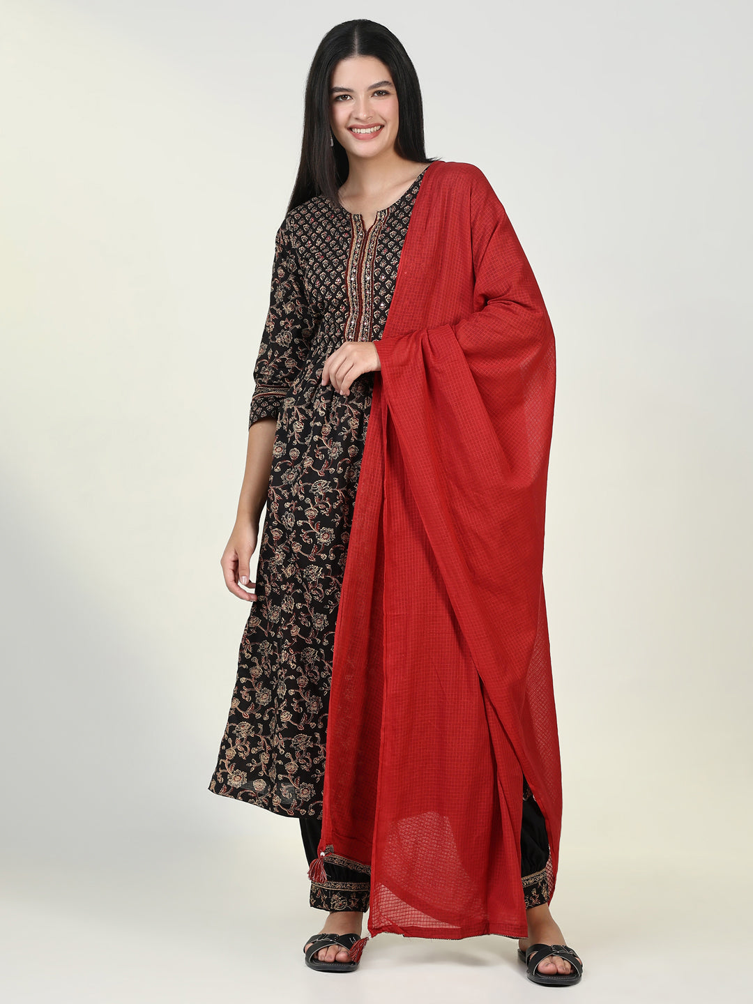 Women's Graphic Printed Black Anarkali Kurta Set with Dupatta