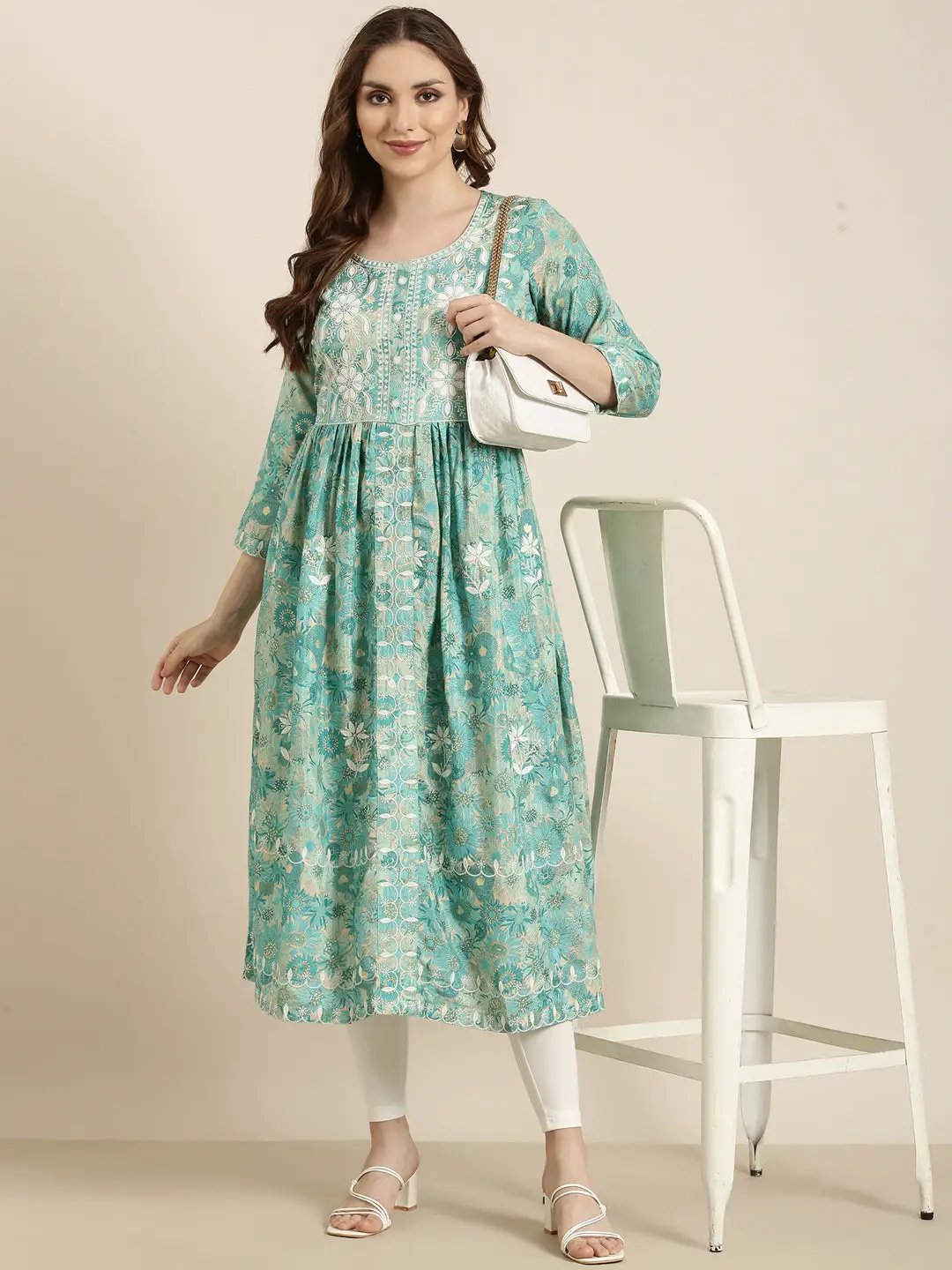 Women's Floral Anarkali Turquoise Blue Kurta