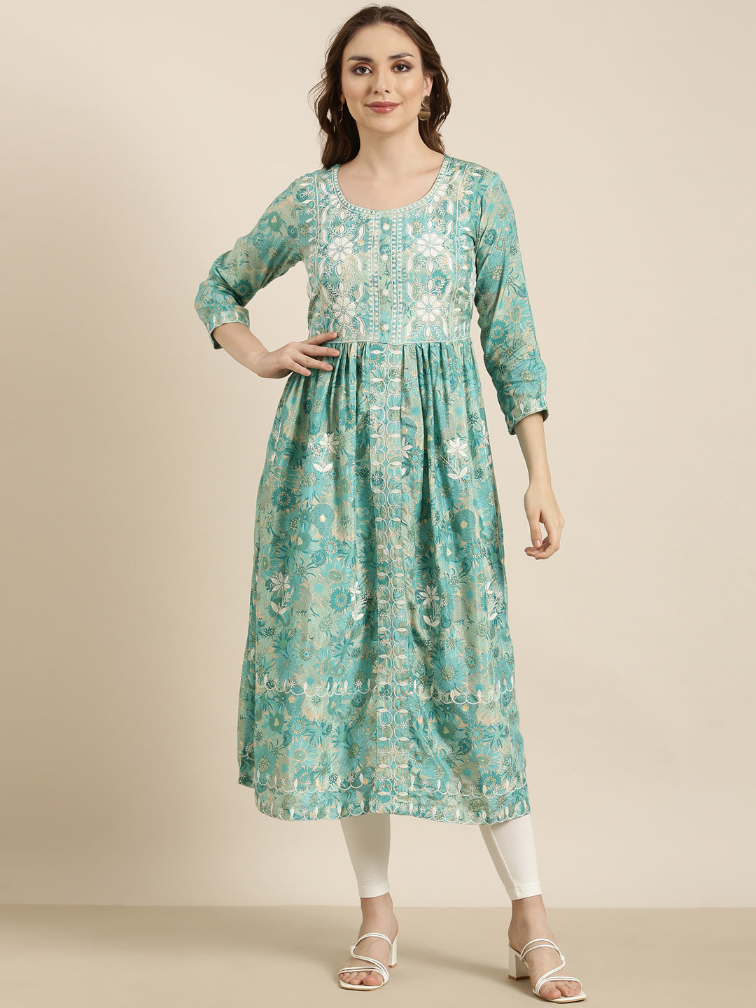 Women's Floral Anarkali Turquoise Blue Kurta
