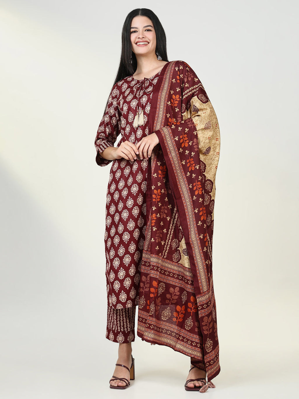 Women's Graphic Maroon Kurta Set with Dupatta