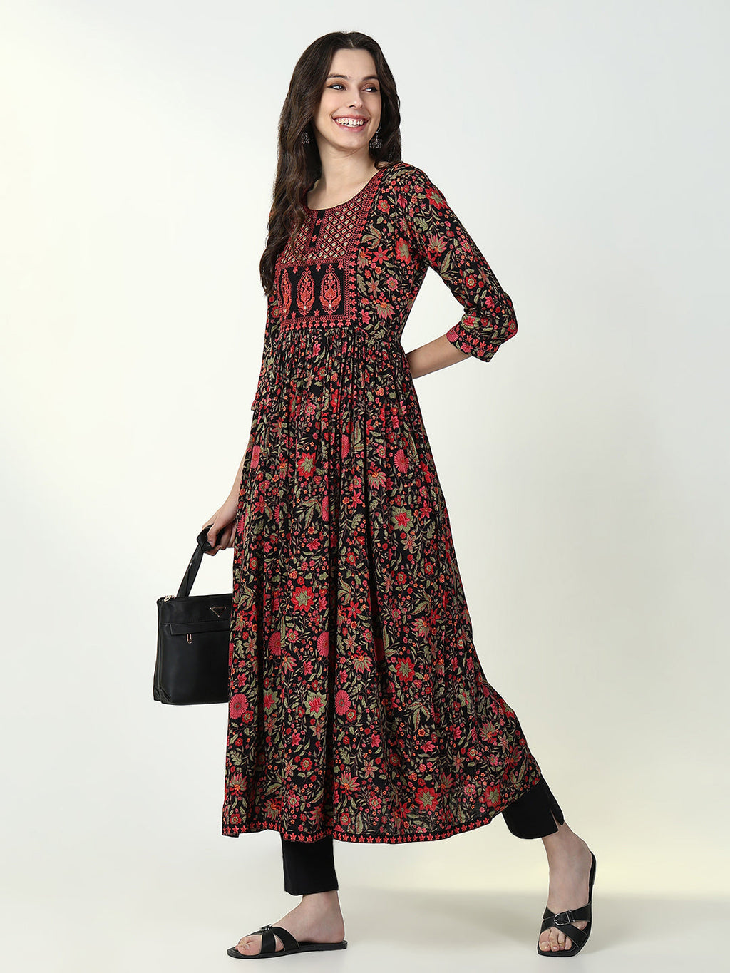 Women's Black Anarkali Floral Kurta