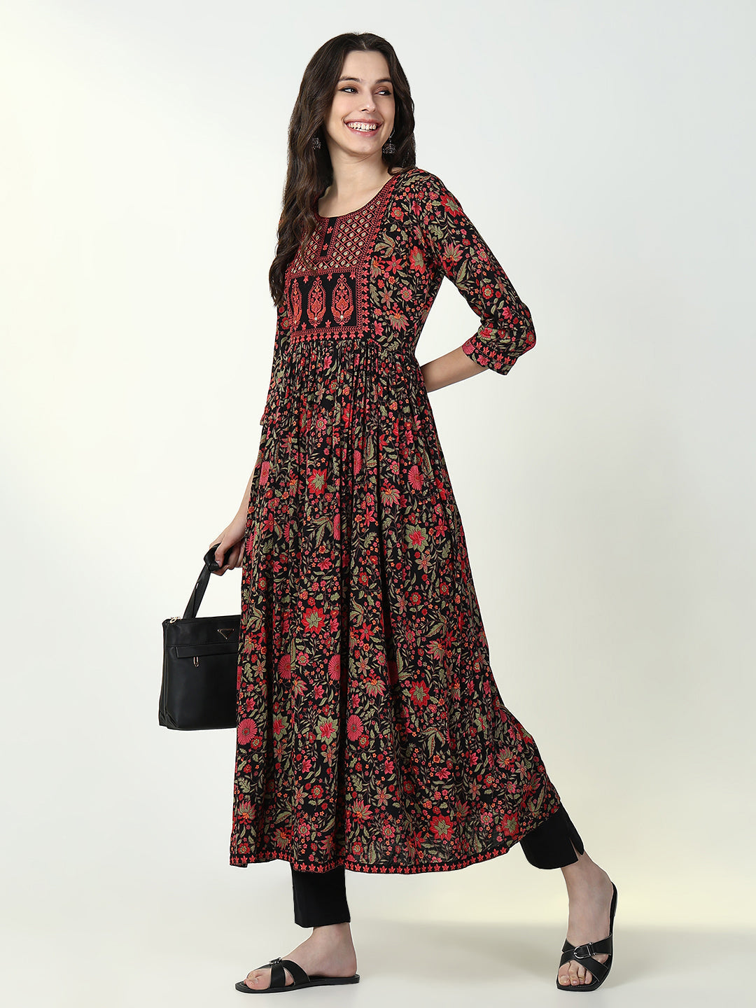 Women's Black Anarkali Floral Kurta