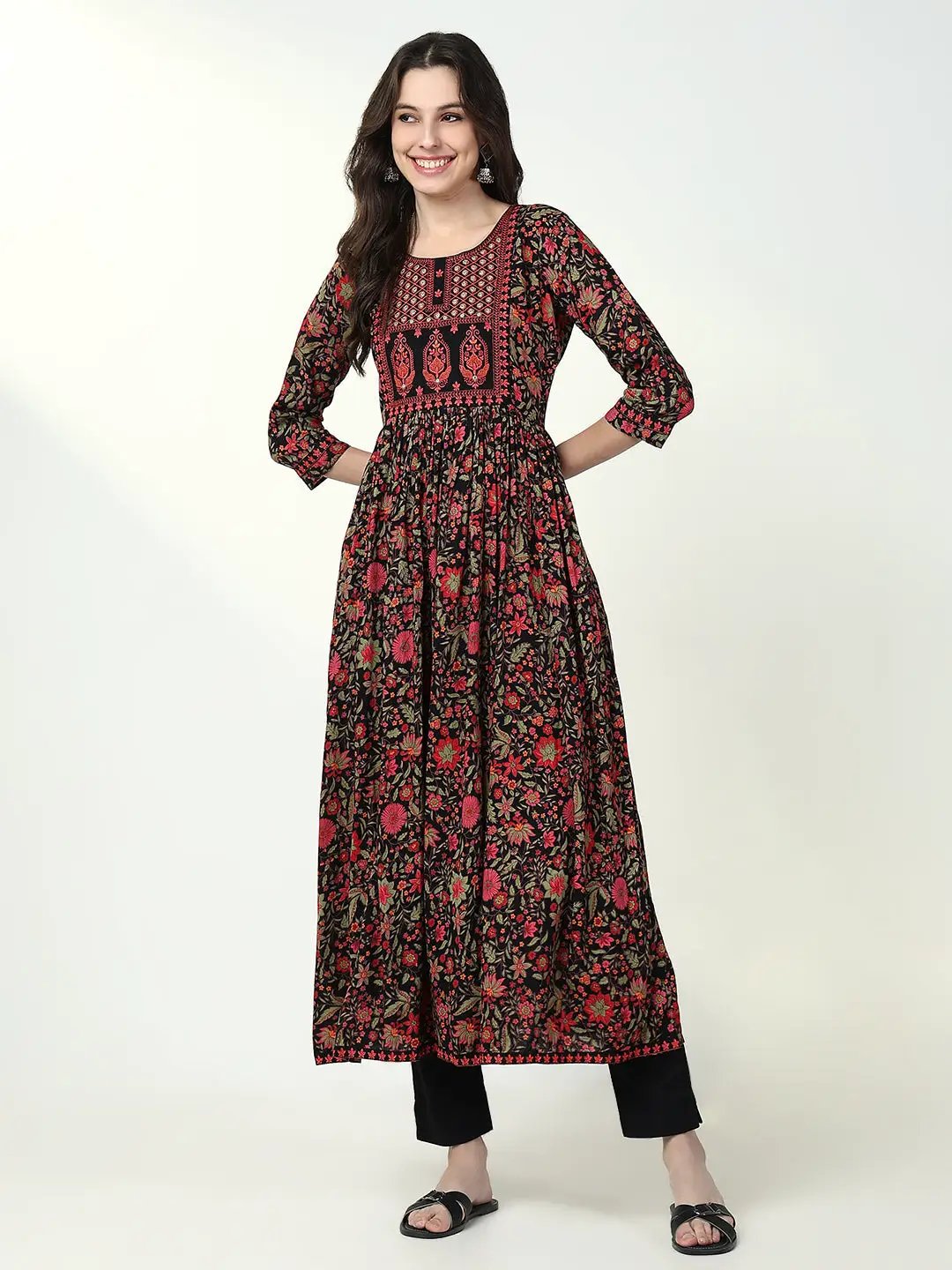 Women's Black Anarkali Floral Kurta