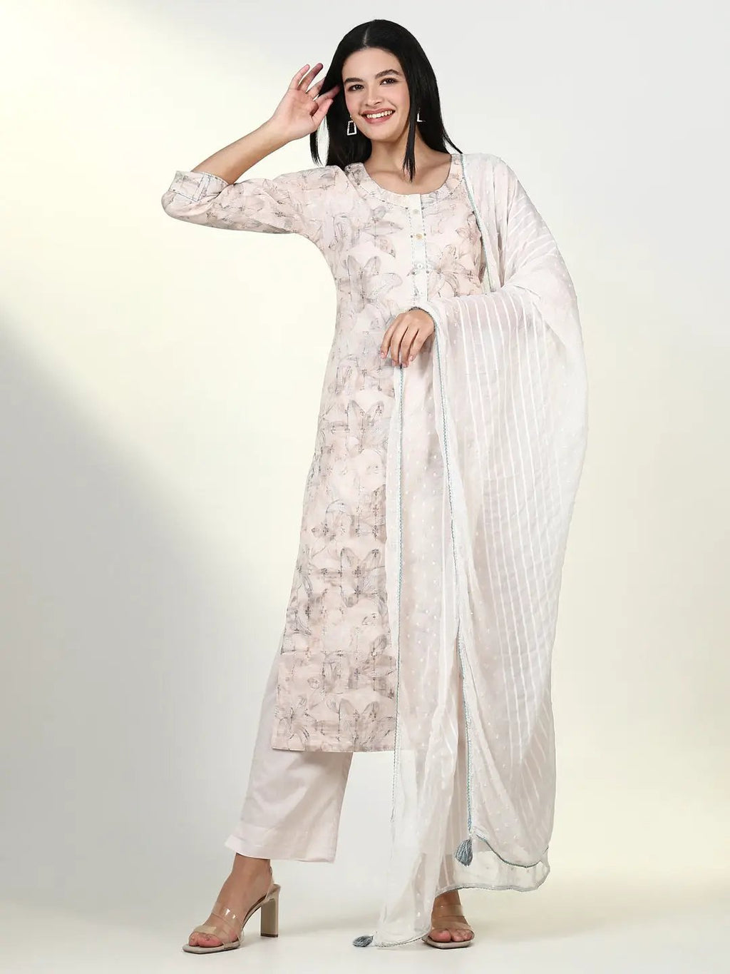 Women's Floral Cream Kurta Set with Dupatta