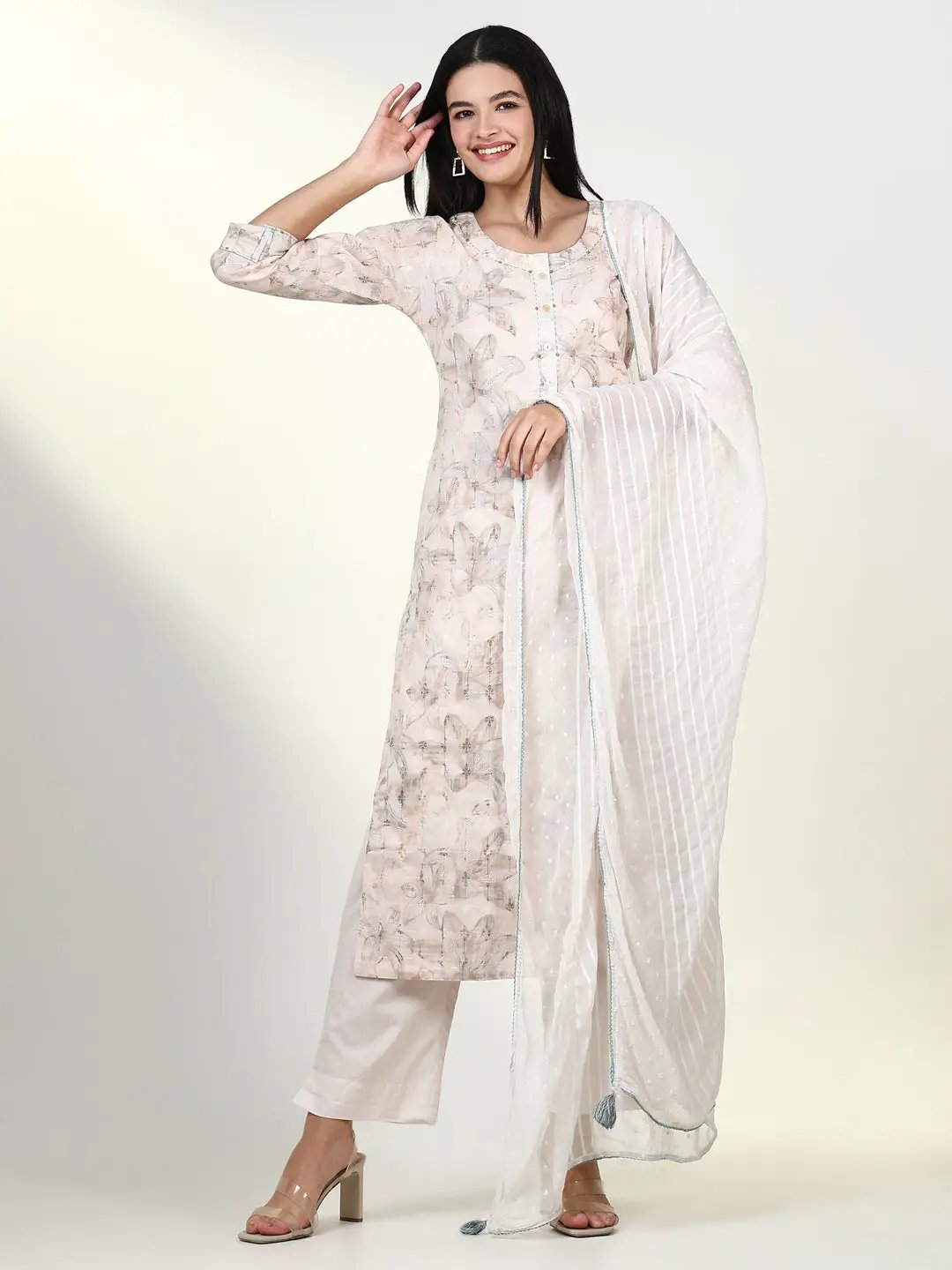 Women's Floral Cream Kurta Set with Dupatta
