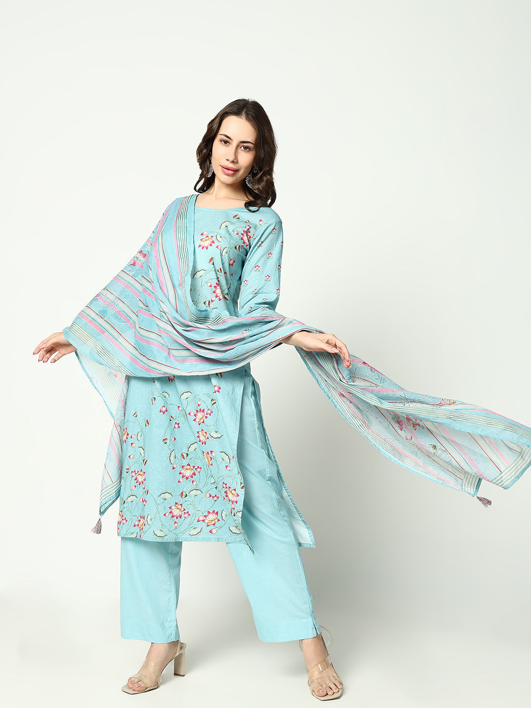 Women's Floral Blue Kurta Set with Dupatta