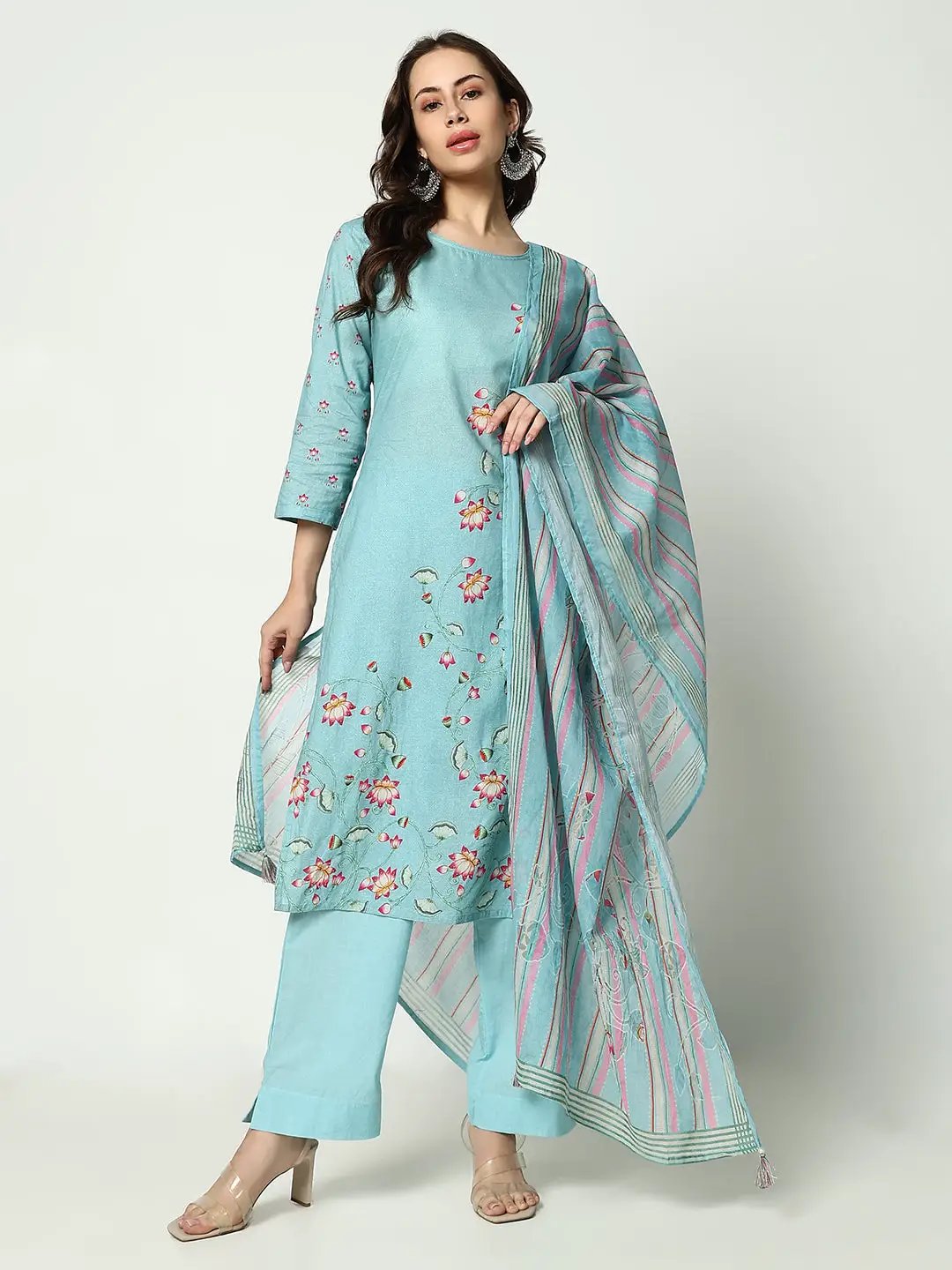 Women's Floral Blue Kurta Set with Dupatta