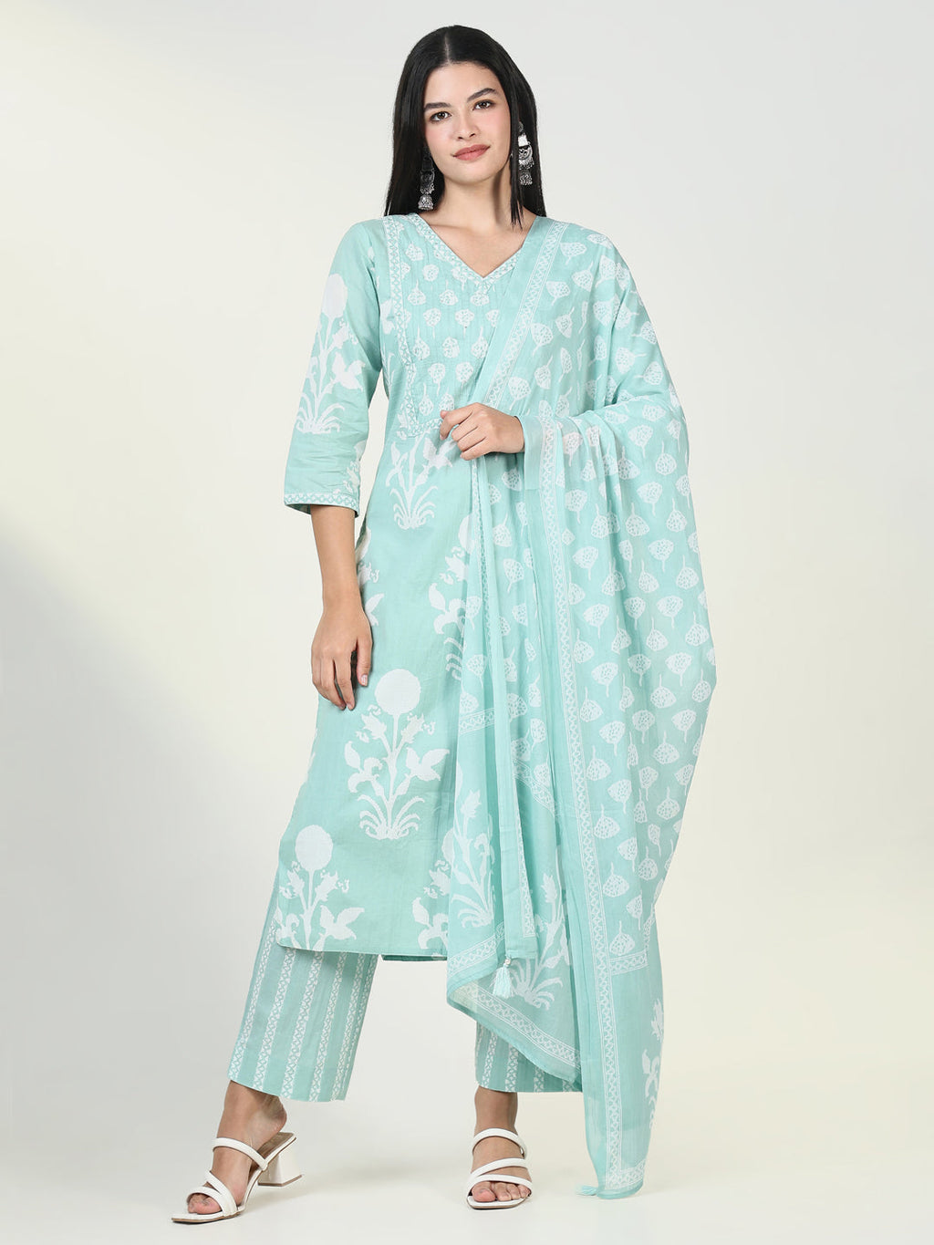 Women's Graphic Sea Green Kurta Set with Dupatta