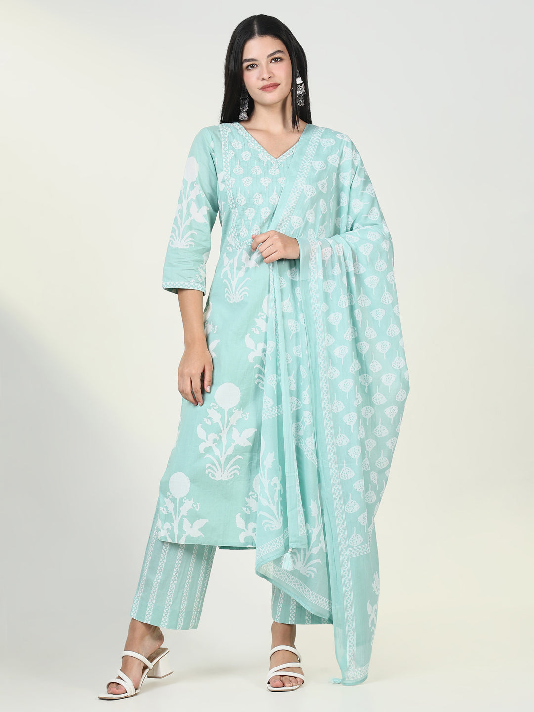 Women's Graphic Sea Green Kurta Set with Dupatta