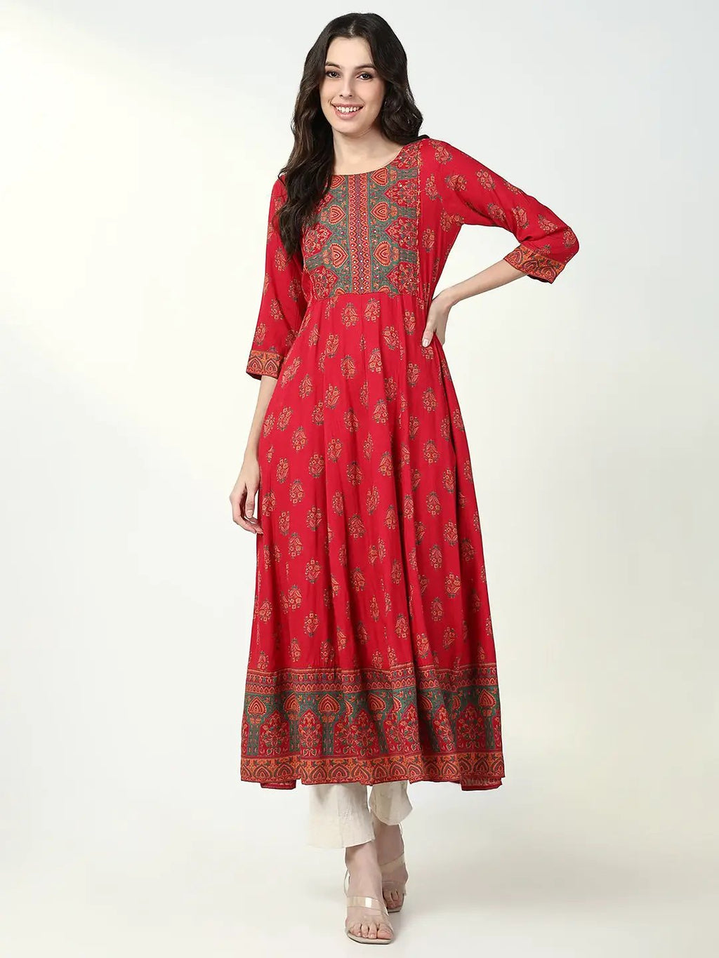 Women's Red Floral Anarkali Kurta