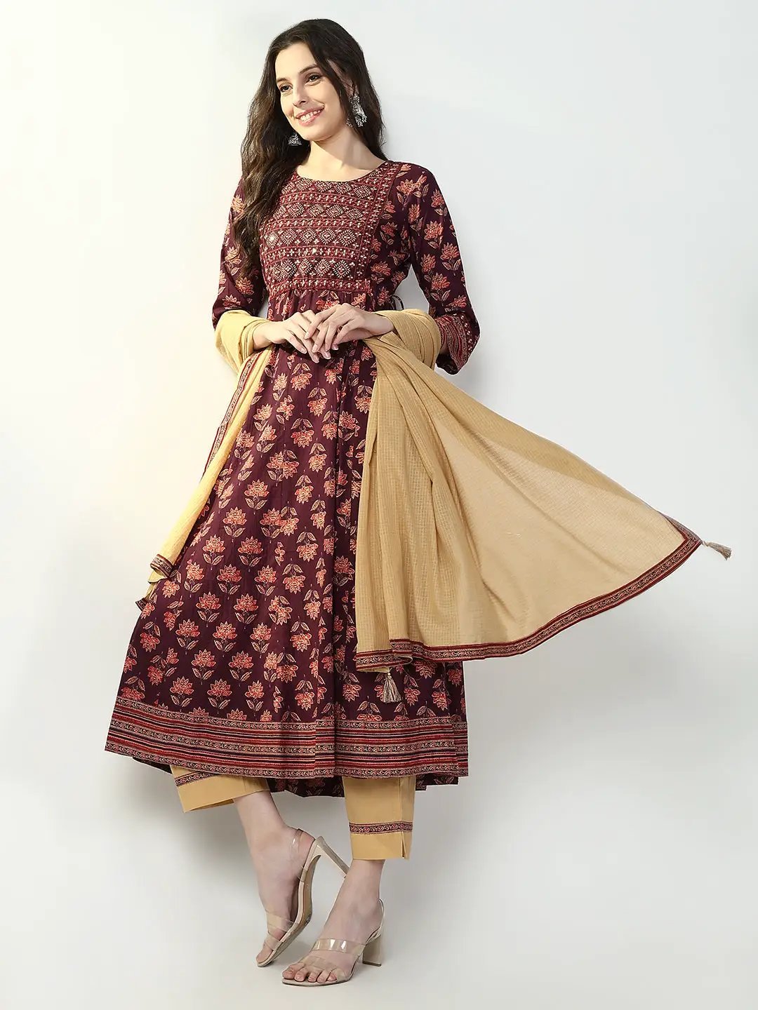 Women's Floral Maroon Anarkali Kurta Set with Dupatta