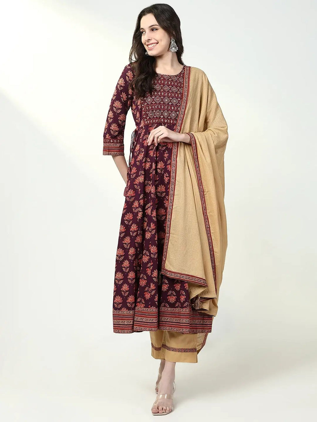 Women's Floral Maroon Anarkali Kurta Set with Dupatta