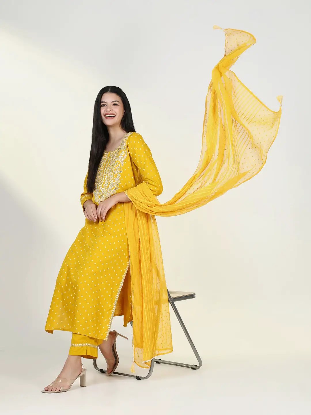 Women's Graphic Yellow Kurta Set with Dupatta