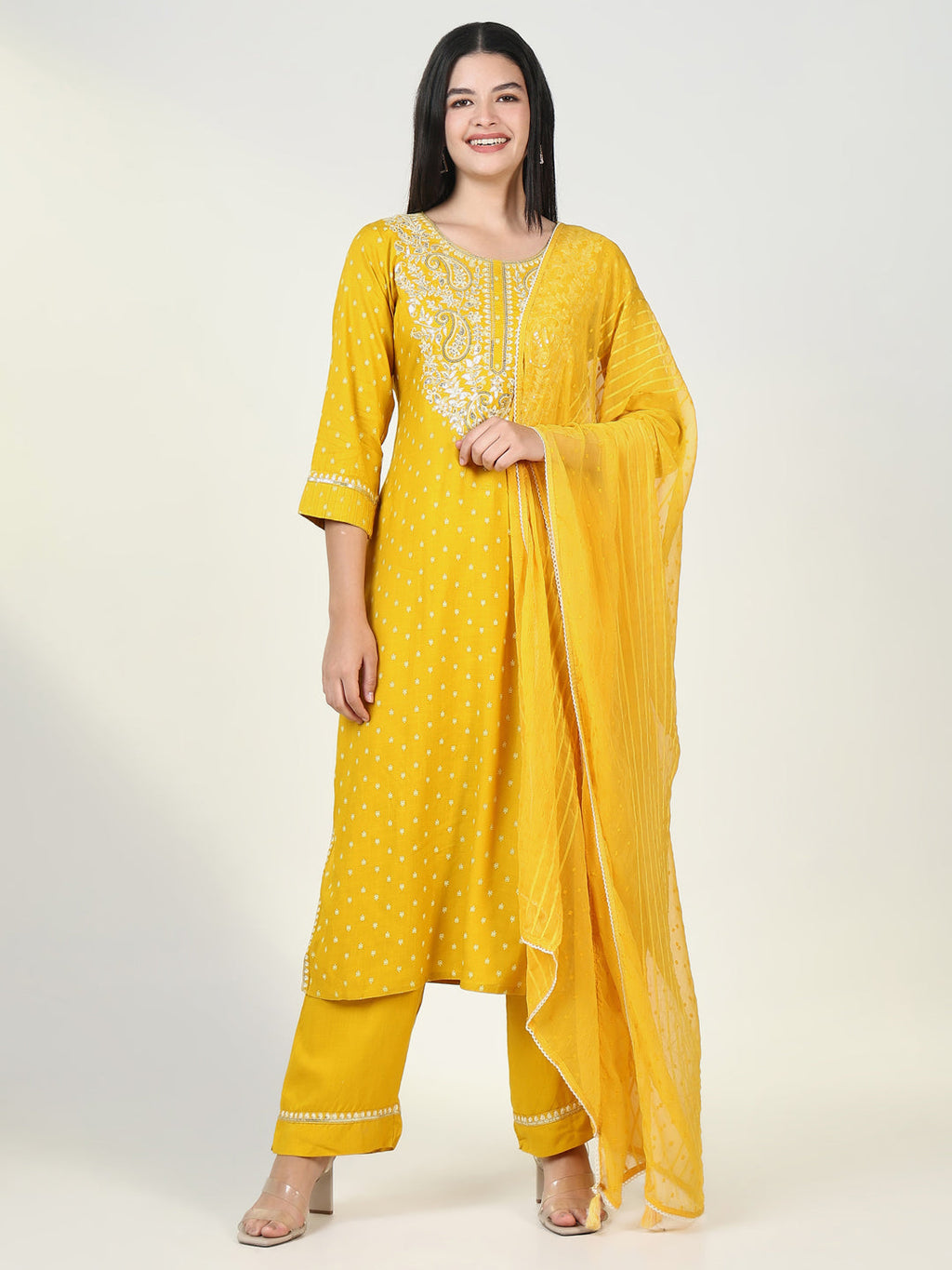 Women's Graphic Yellow Kurta Set with Dupatta