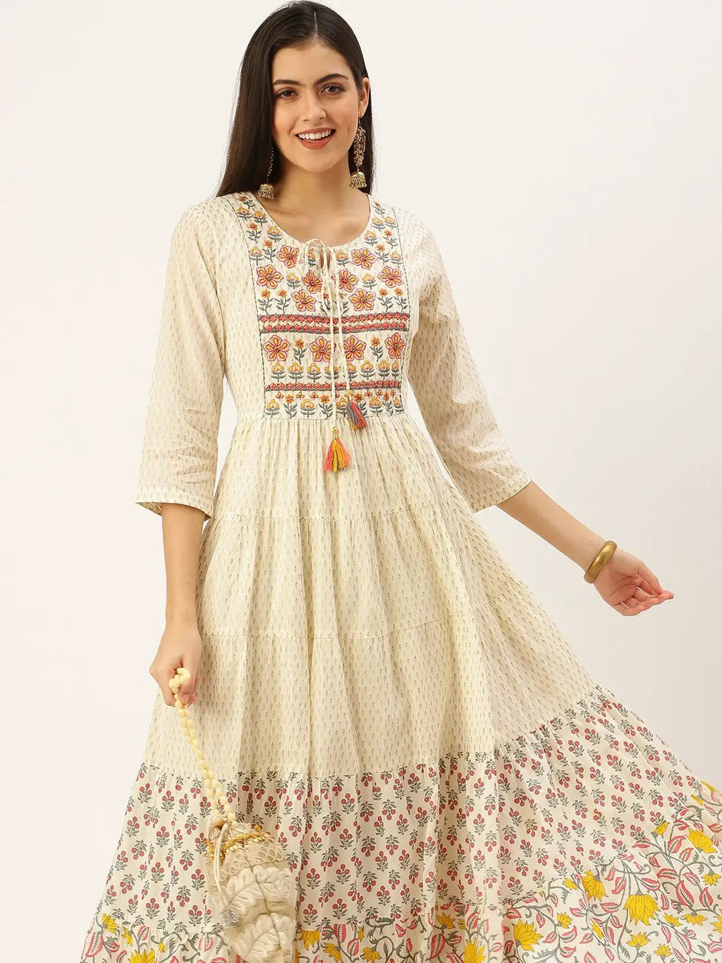 Women's Beige Printed Anarkali Kurtas