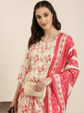 Women's Cream Floral Printed Sequinned Detailed Straight Kurta Set With Dupatta