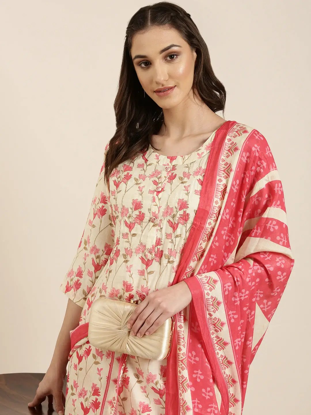 Women's Cream Floral Printed Sequinned Detailed Straight Kurta Set With Dupatta