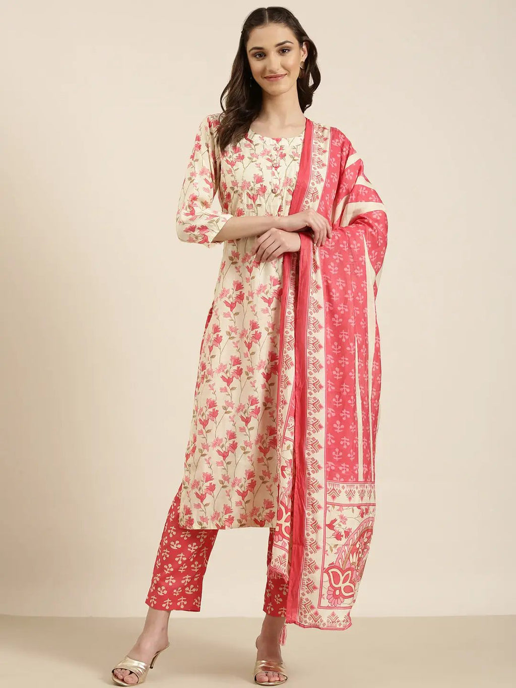 Women's Cream Floral Printed Sequinned Detailed Straight Kurta Set With Dupatta