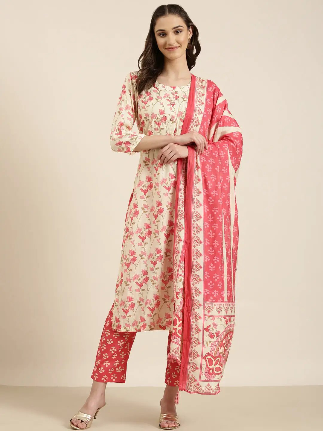 Women's Cream Floral Printed Sequinned Detailed Straight Kurta Set With Dupatta