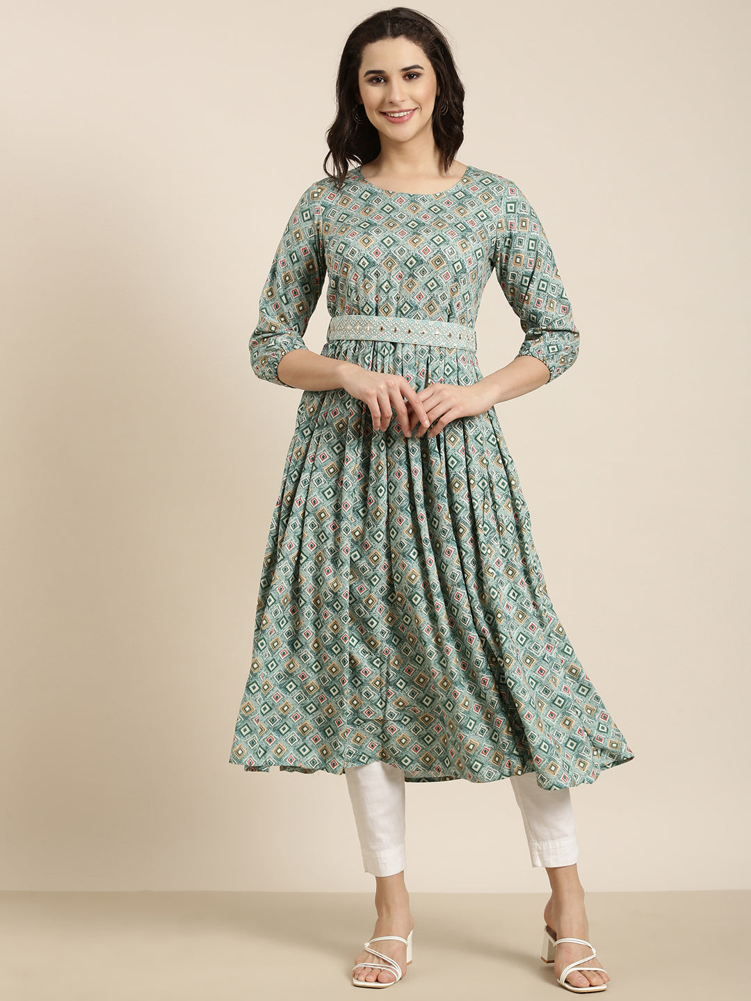 Women's Anarkali Sea Green Geometric Kurta With Belt