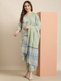 Women's Straight Green Floral Kurta Sets with Trousers & Dupatta