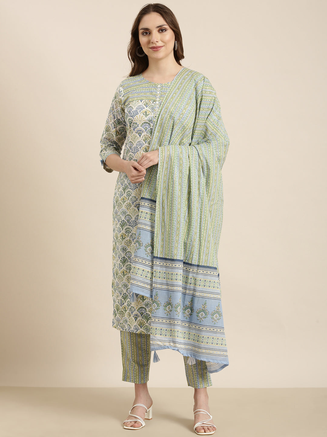 Women's Straight Green Floral Kurta Sets with Trousers & Dupatta