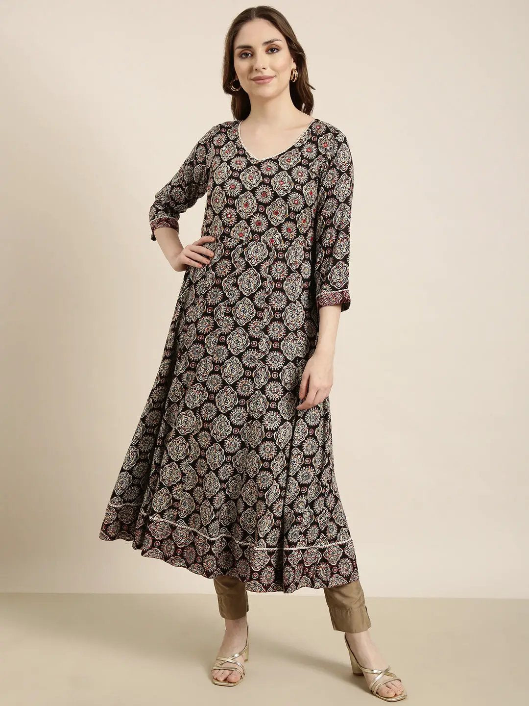 Women's Anarkali Black Ethnic Motifs Kurta