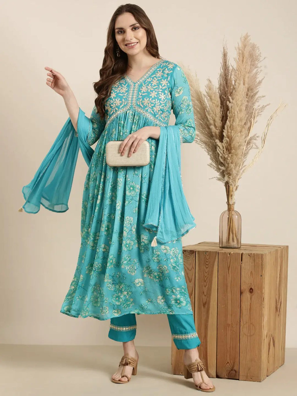 Women's Anarkali Blue Floral Kurta Sets with Trousers & Dupatta