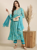 Women's Anarkali Blue Floral Kurta Sets with Trousers & Dupatta