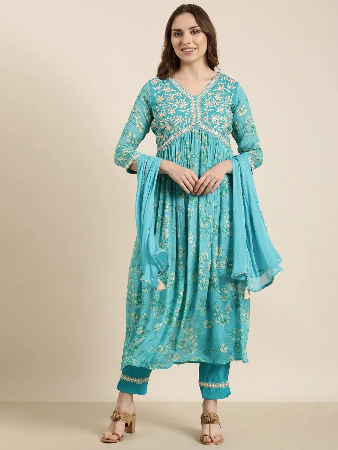 Women's Anarkali Blue Floral Kurta Sets with Trousers & Dupatta