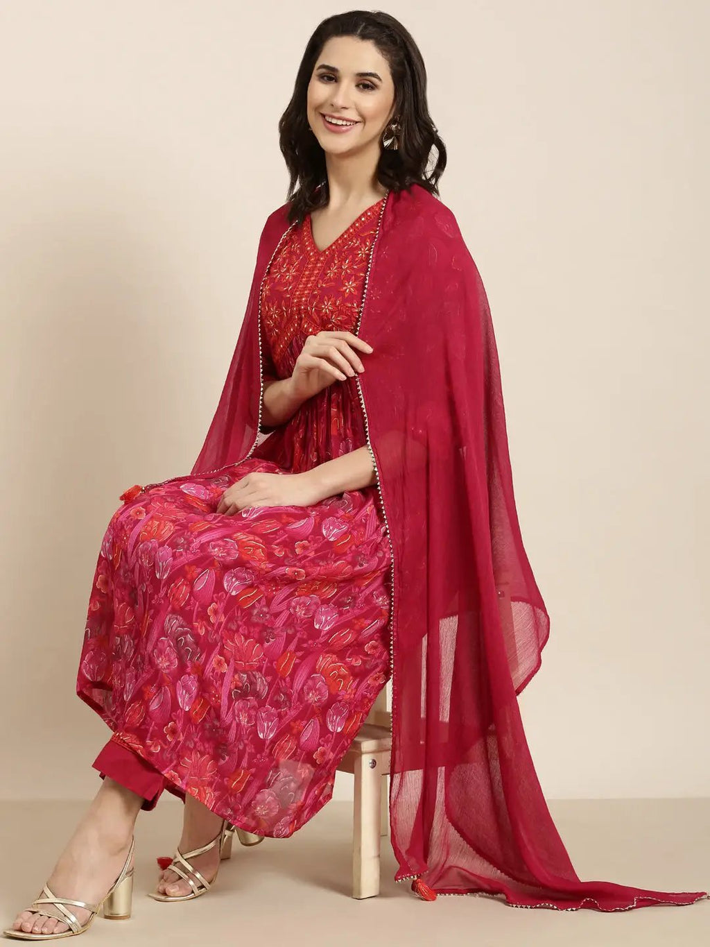 Women's Anarkali Ethnic Pink Floral Kurta Sets with Trousers & Dupatta