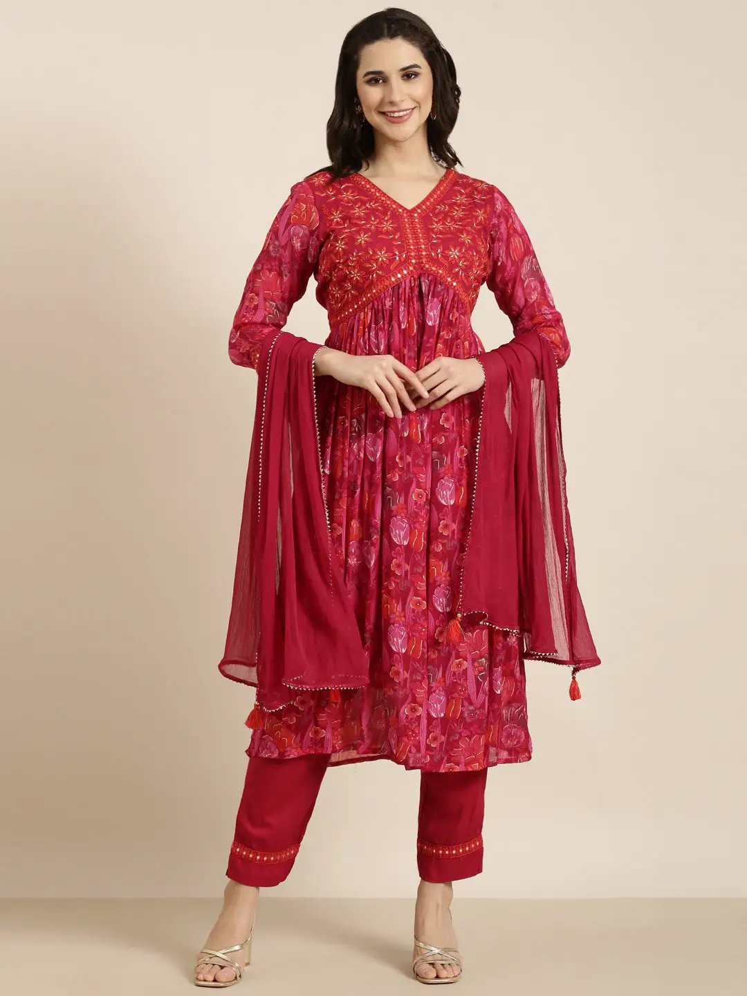 Women's Anarkali Ethnic Pink Floral Kurta Sets with Trousers & Dupatta