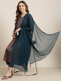 Women's A-Line Teal Floral Kurta Sets with Trousers & Dupatta