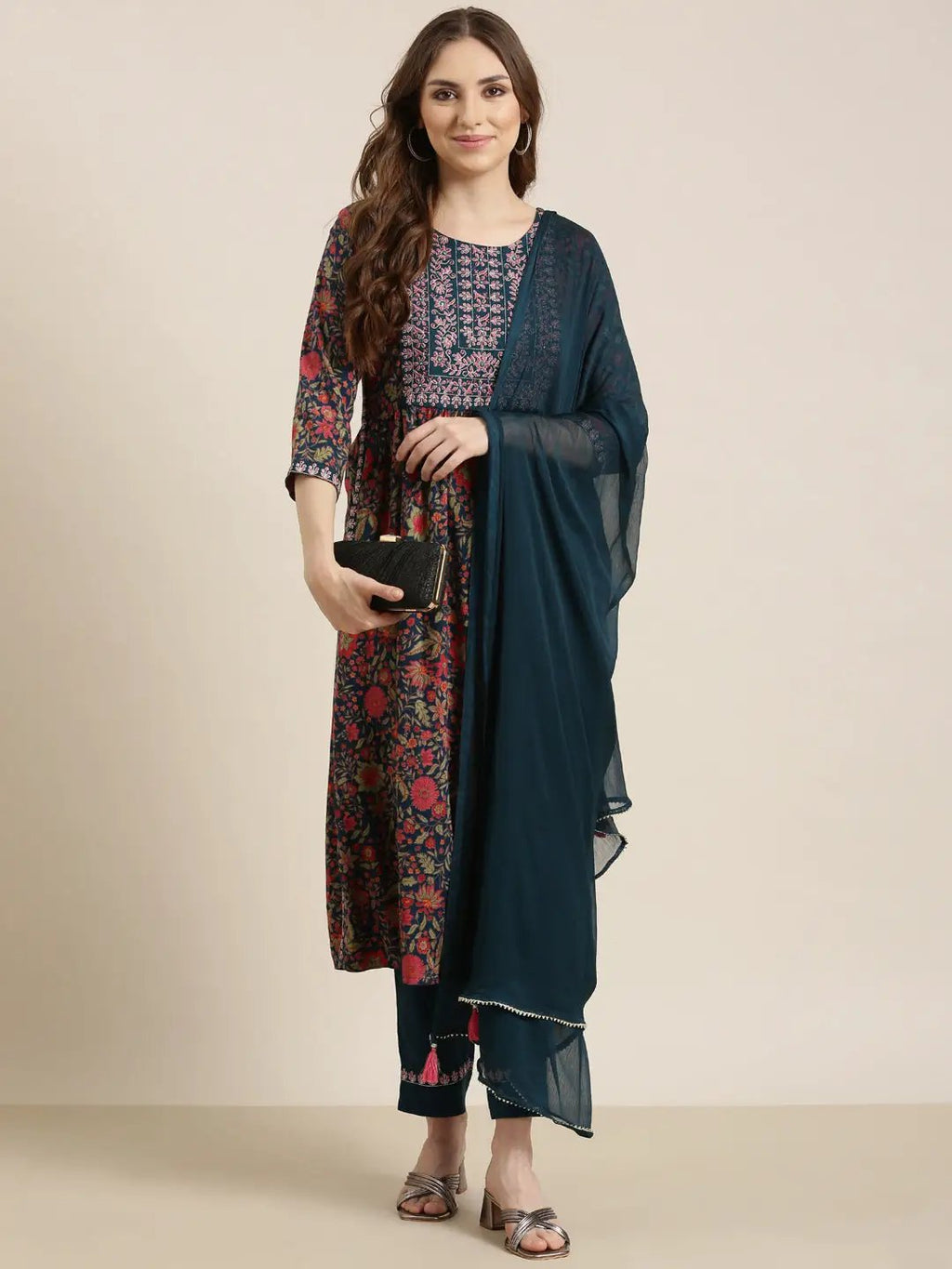 Women's A-Line Teal Floral Kurta Sets with Trousers & Dupatta
