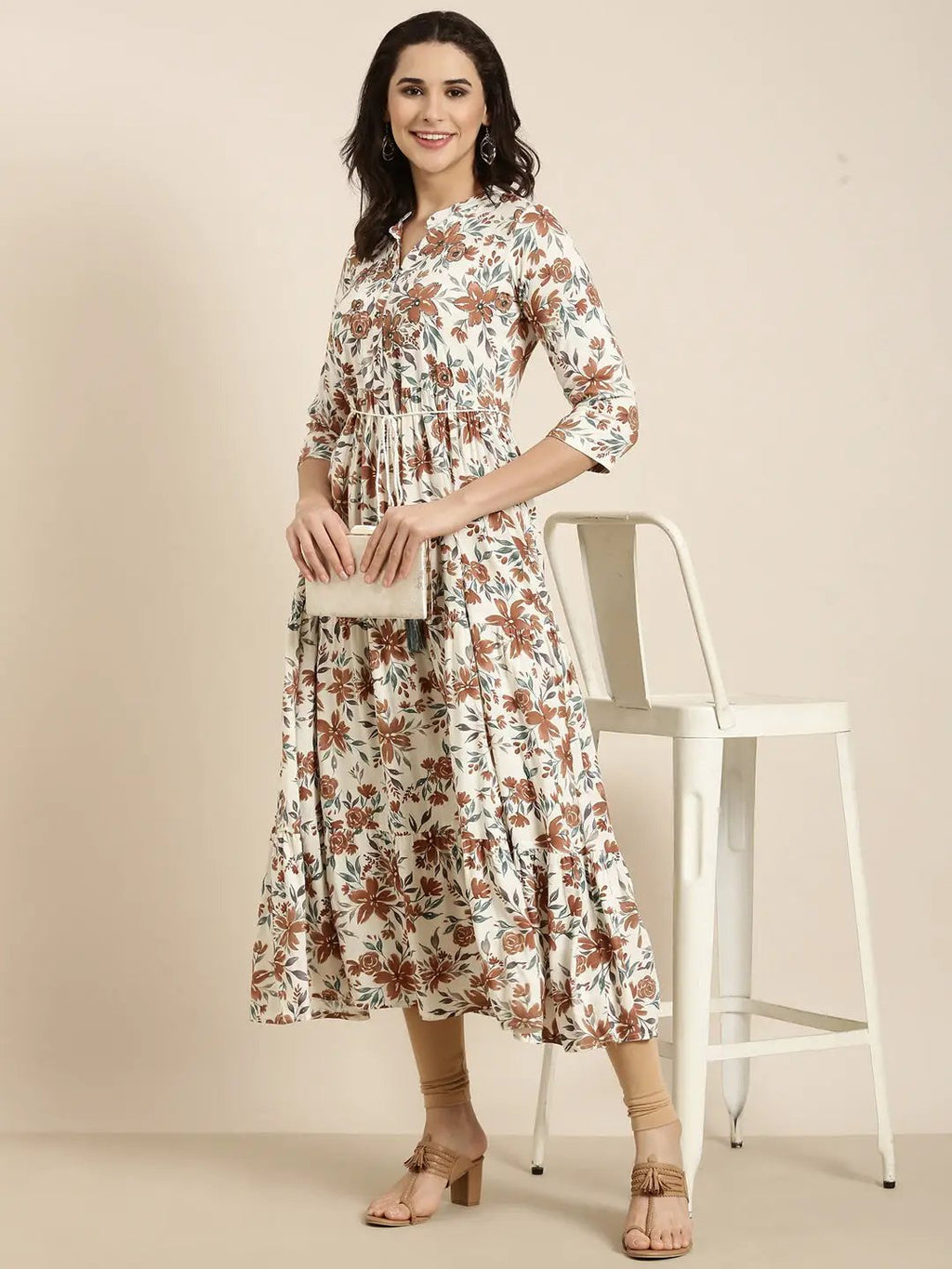 Women's Anarkali Cream Floral Kurta