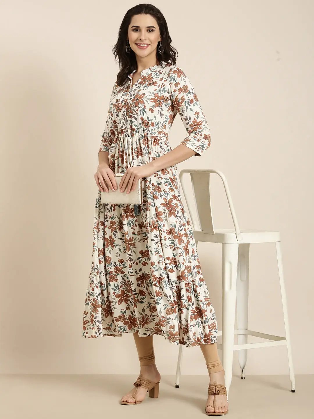 Women's Anarkali Cream Floral Kurta