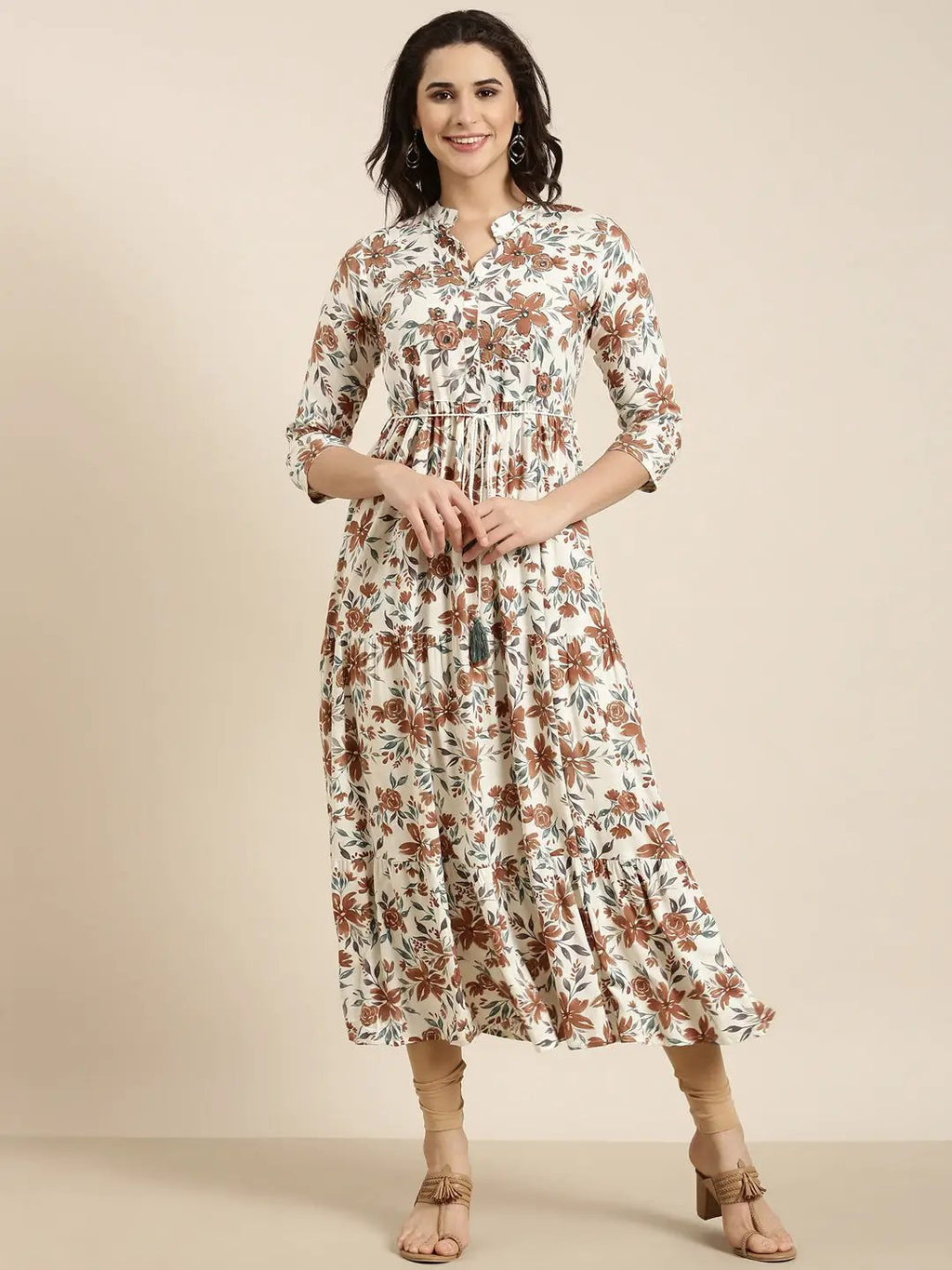 Women's Anarkali Cream Floral Kurta