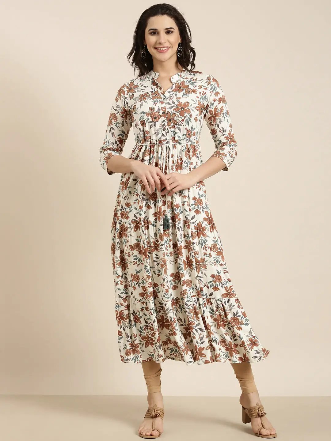 Women's Anarkali Cream Floral Kurta