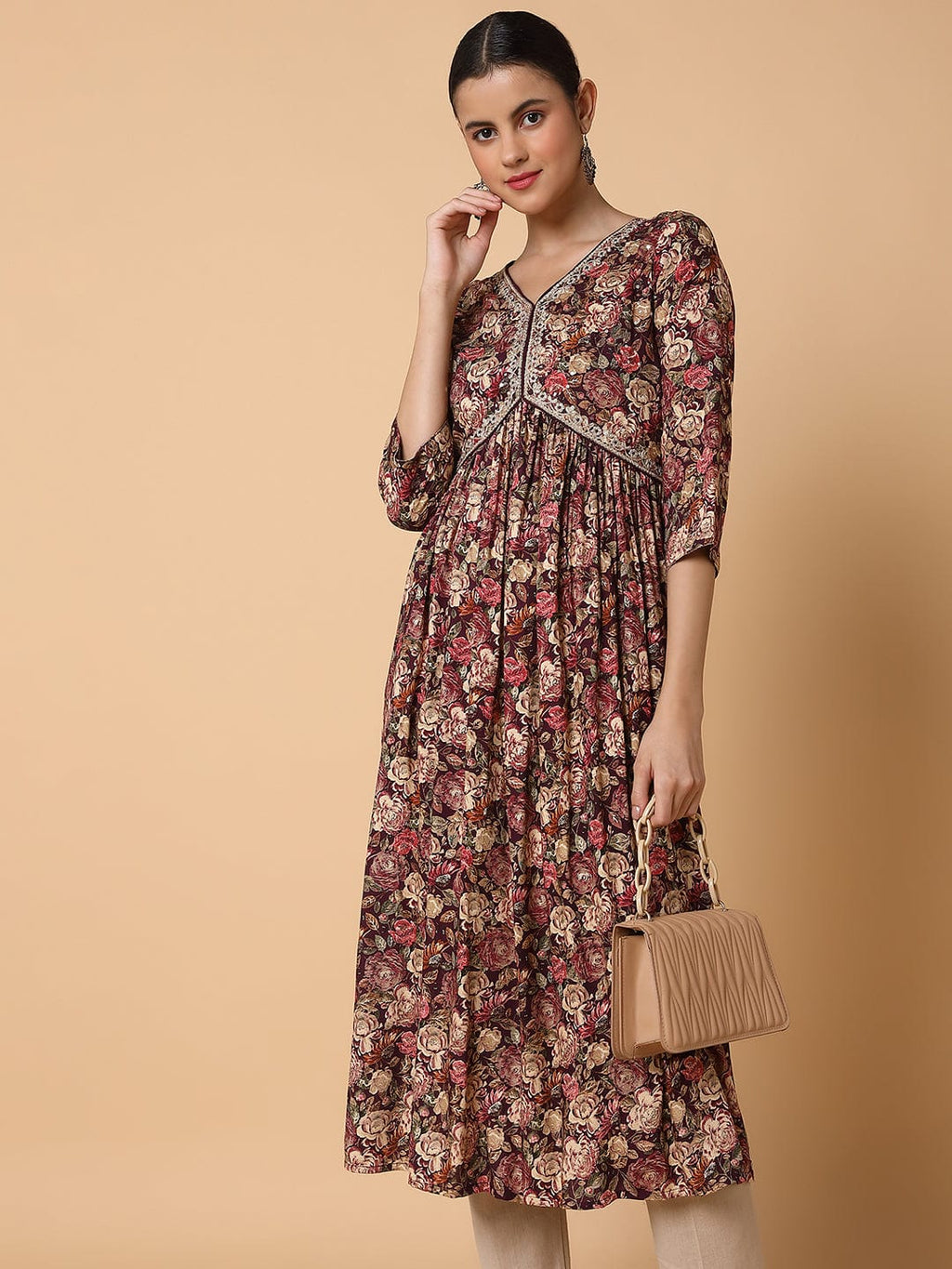Women's Floral Maroon Anarkali Kurta