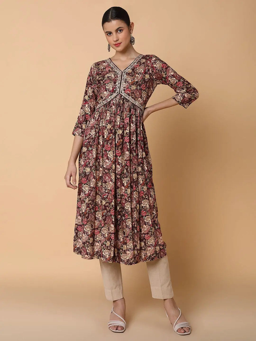 Women's Floral Maroon Anarkali Kurta