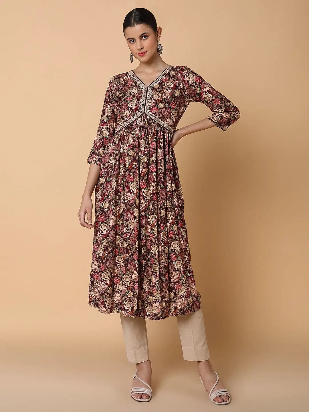 Women's Floral Maroon Anarkali Kurta
