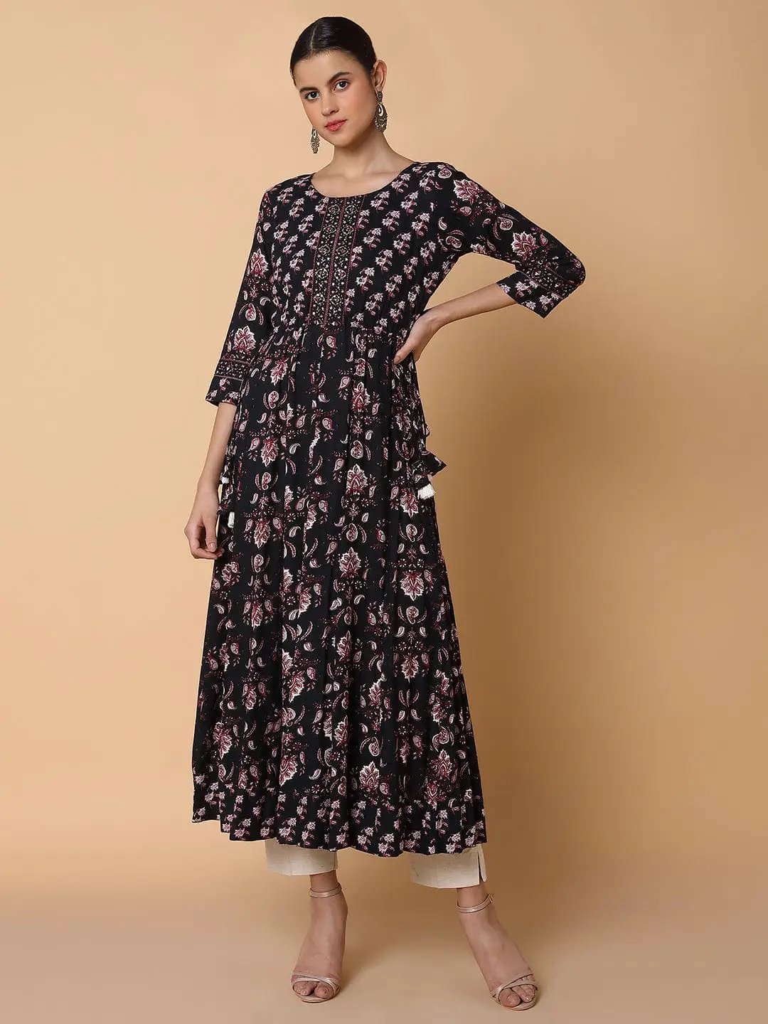 Women's Floral Sequins Black Anarkali Kurta