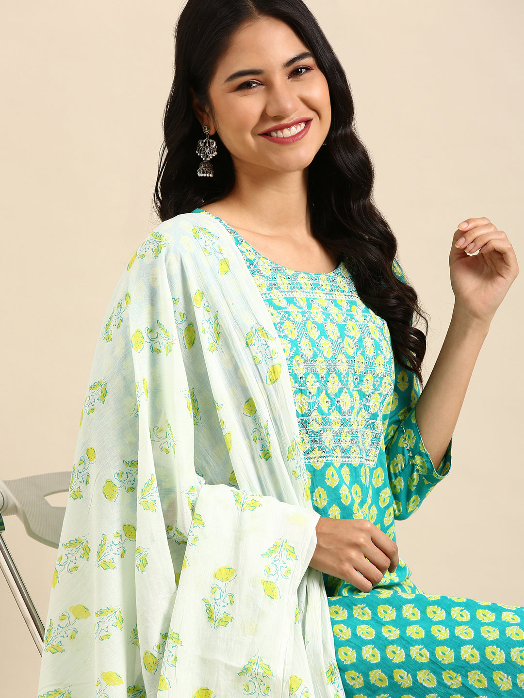 Women's Teal Printed Sequinned Kurta Set