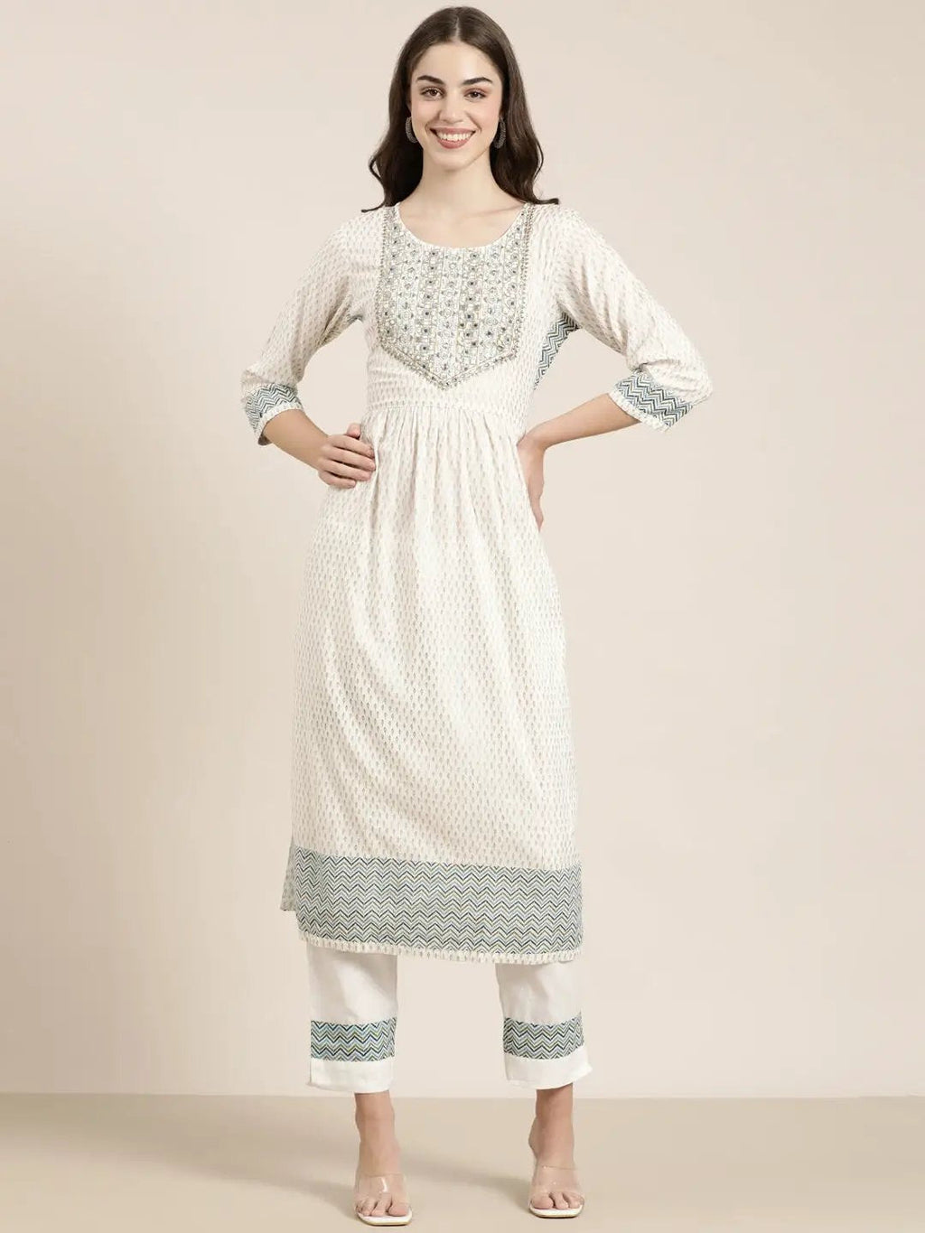Women's Off White Floral Printed Anarkali Kurta Set