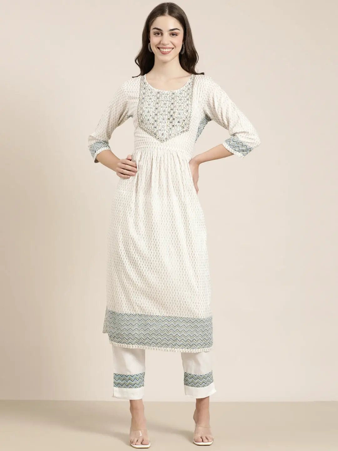 Women's Off White Floral Printed Anarkali Kurta Set